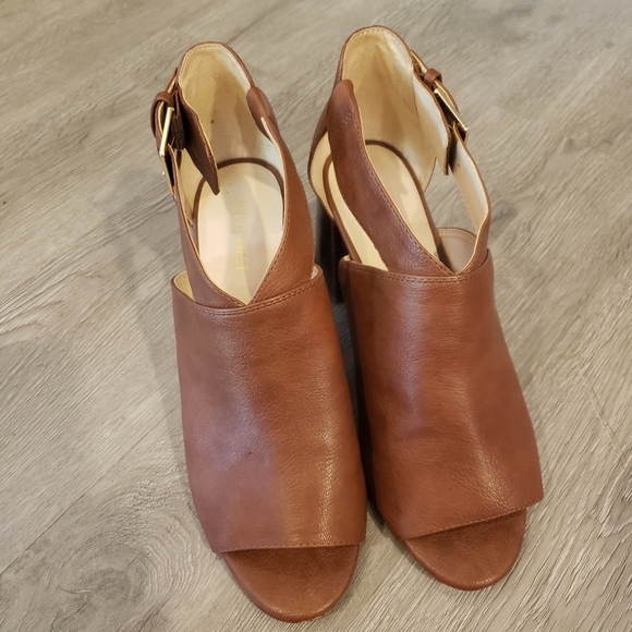 Nine West Shoes - Nine West GACEO Brown Faux Leather Ankle Strap Chunky Heels Peep Toe Size 8